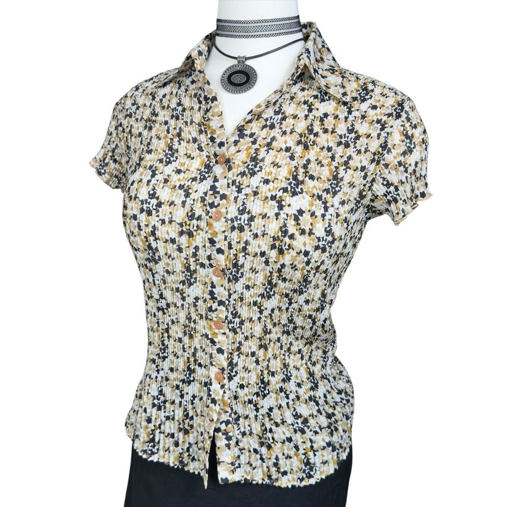 Essentials Milano Women's Blouse S‎ Brown Black White Floral Stretch Button Top